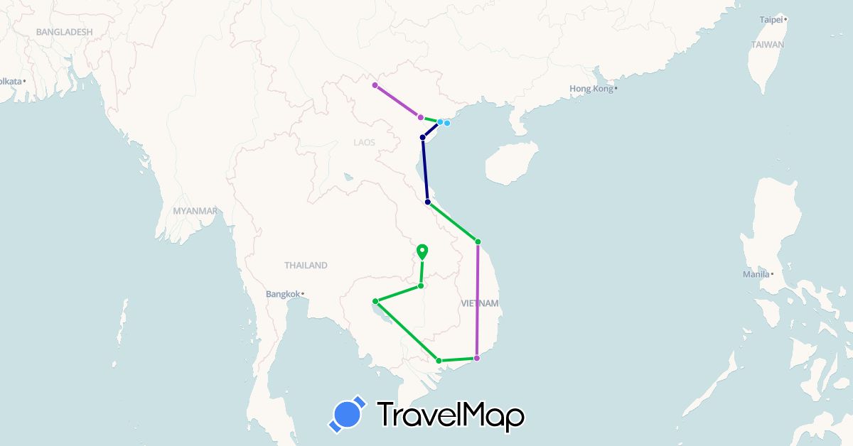 TravelMap itinerary: driving, bus, train, boat in Cambodia, Laos, Vietnam (Asia)